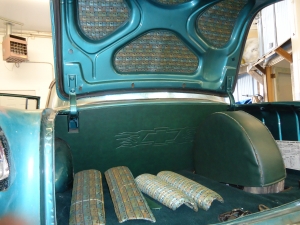 Custom upholstery work in trunk of Chevy show car