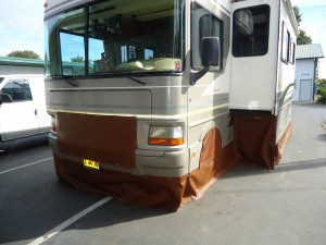 RV with custom skirting