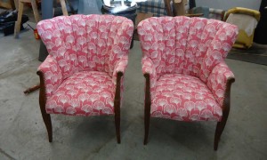 Beautiful antique chairs in red and white fabric