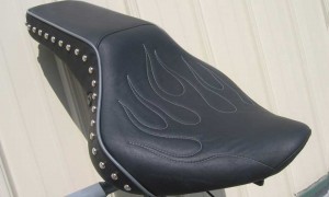 Custom flame stitching on a motorcycle seat
