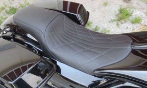 spiderweb stitching pattern on custom motorcycle seat