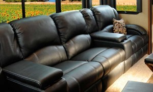 Plush RV sofa in dark leather