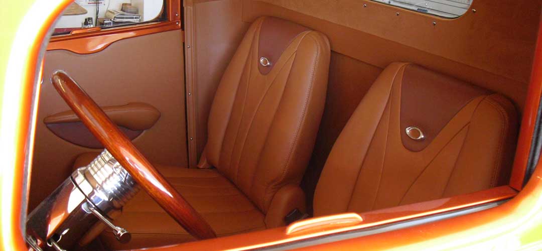 Custom tan leather interior on Chevy truck hot rod 